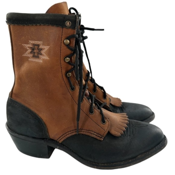 Vintage Shoes - Abilene cowboy boots 6.5 brown black leather western kiltie lace up Prairie Y2k